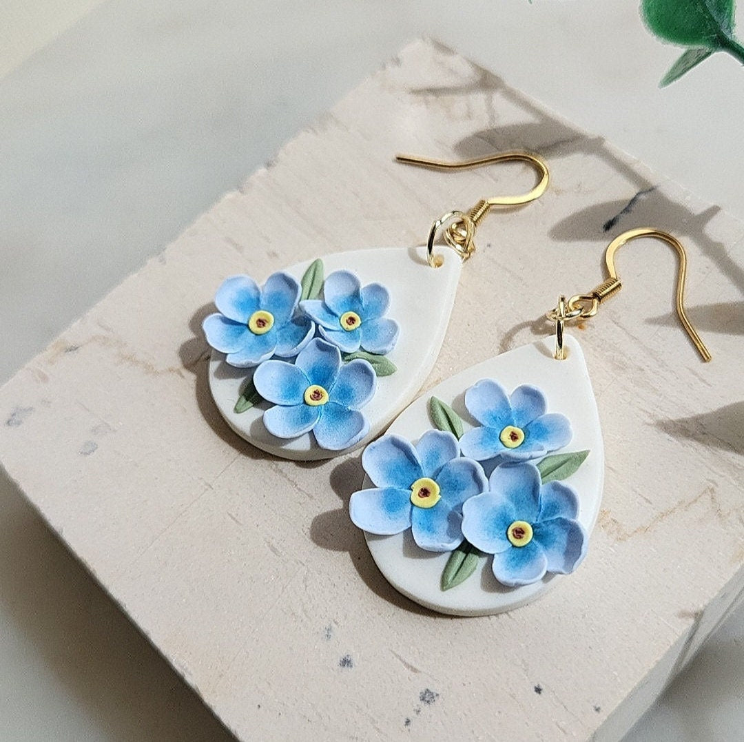 Forget Me Not Earrings • Blue Flower Earrings • Floral Drop Earrings • Clay Earrings • Handmade Jewelry • Dainty • Mother's Day Gift