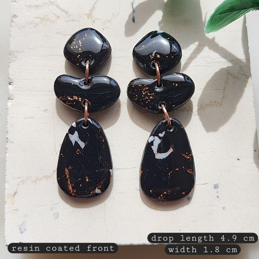 Black Marble Earrings Resin Coated • Polymer Clay Earrings • Handmade Jewelry • Trendy And Modern