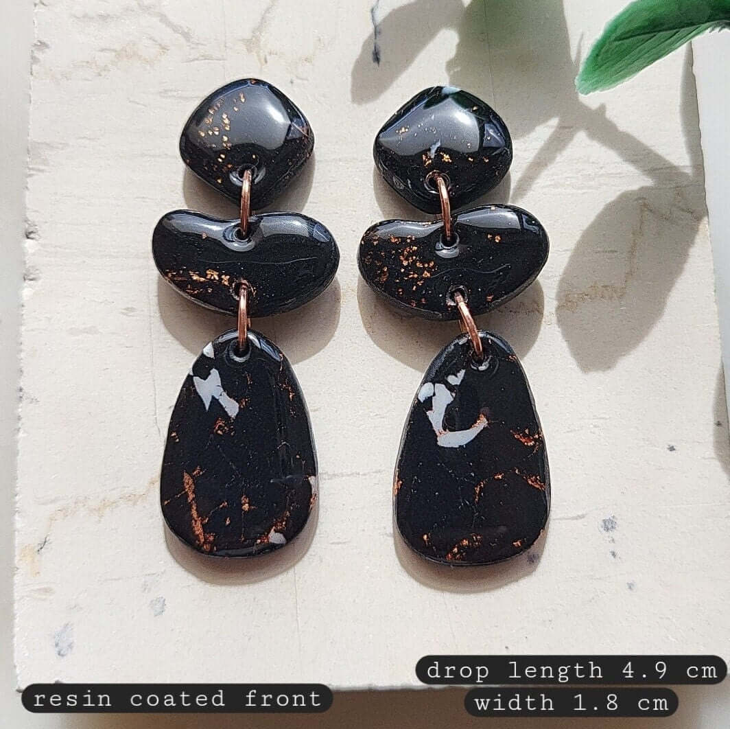 Black Marble Earrings Resin Coated - Polymer Clay Earrings