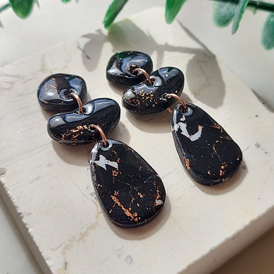 Black Marble Earrings Resin Coated - Polymer Clay Earrings
