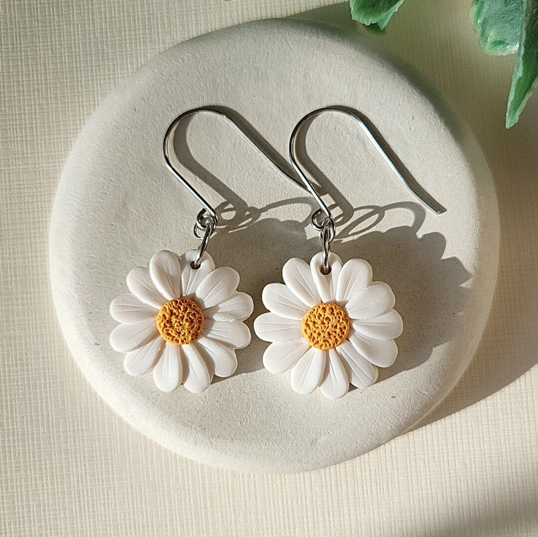 white flower clay earrings