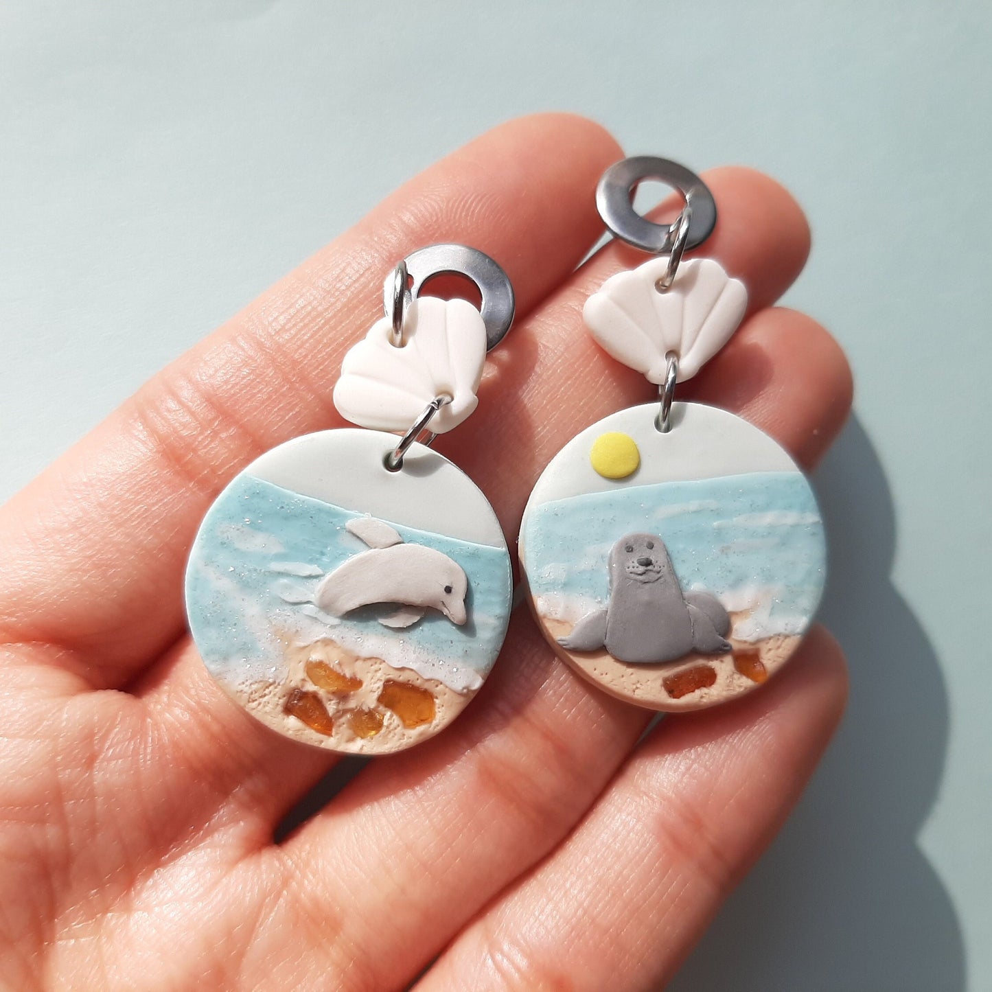 Dolphin And Seal Earrings With Natural Amber Stone • Polymer Clay Jewelry