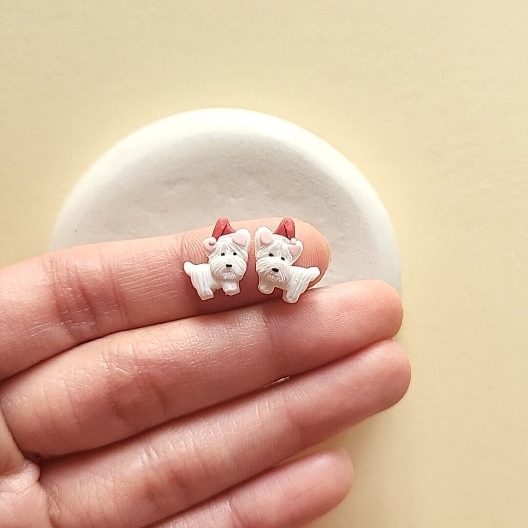 cute Westie Santa stud earrings