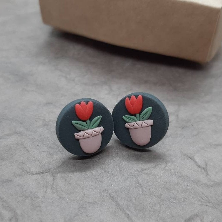 Tulip Flower Stud Earrings • Polymer Clay Jewelry