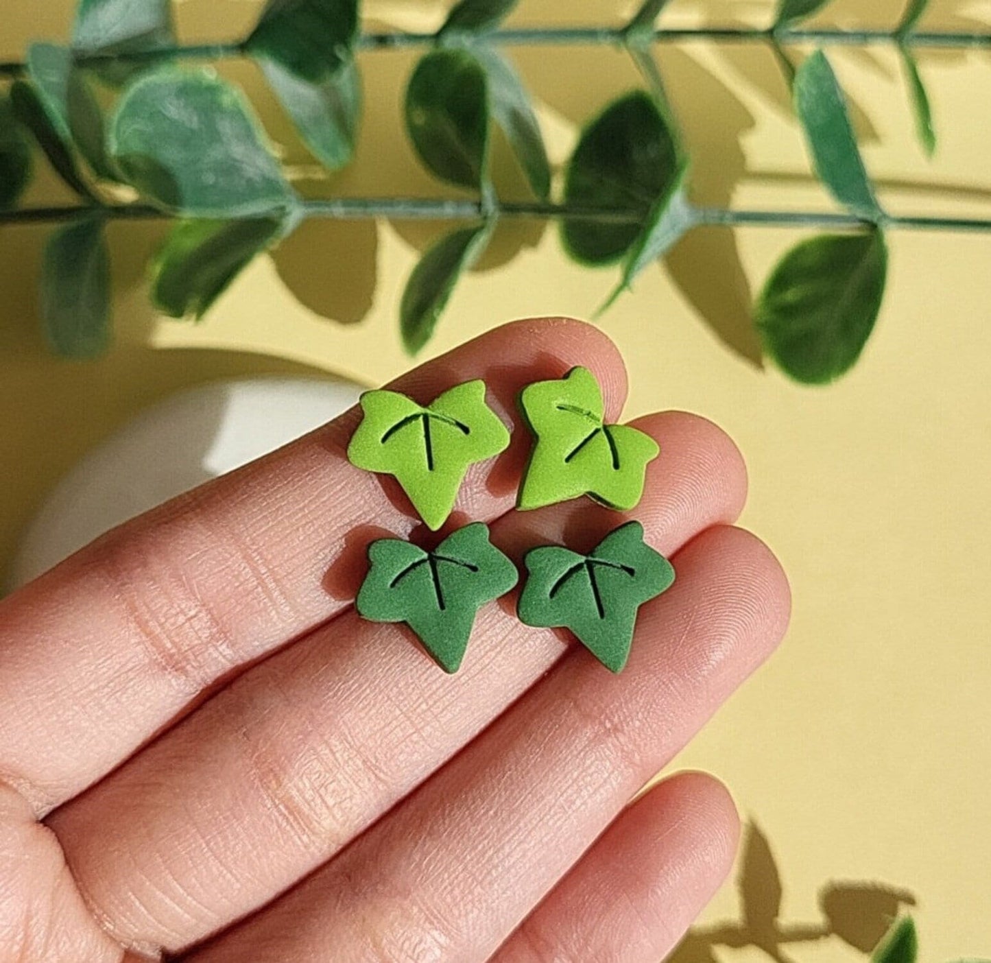 Green Leaf Stud Earrings, Ivy Leaf Earrings, Boho Clay Earrings, Handmade Jewelry, Spring, Summer