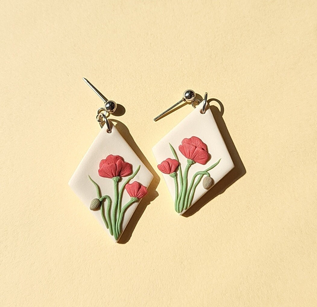 Poppy Flower Earrings, Polymer Clay Earrings, Handmade Jewelry, Gift For Mom, Spring Summer Jewellery