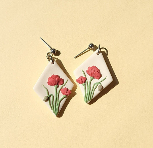 Pendientes de flor de amapola, pendientes de arcilla polimérica, joyas hechas a mano, regalo para mamá, joyas de primavera y verano