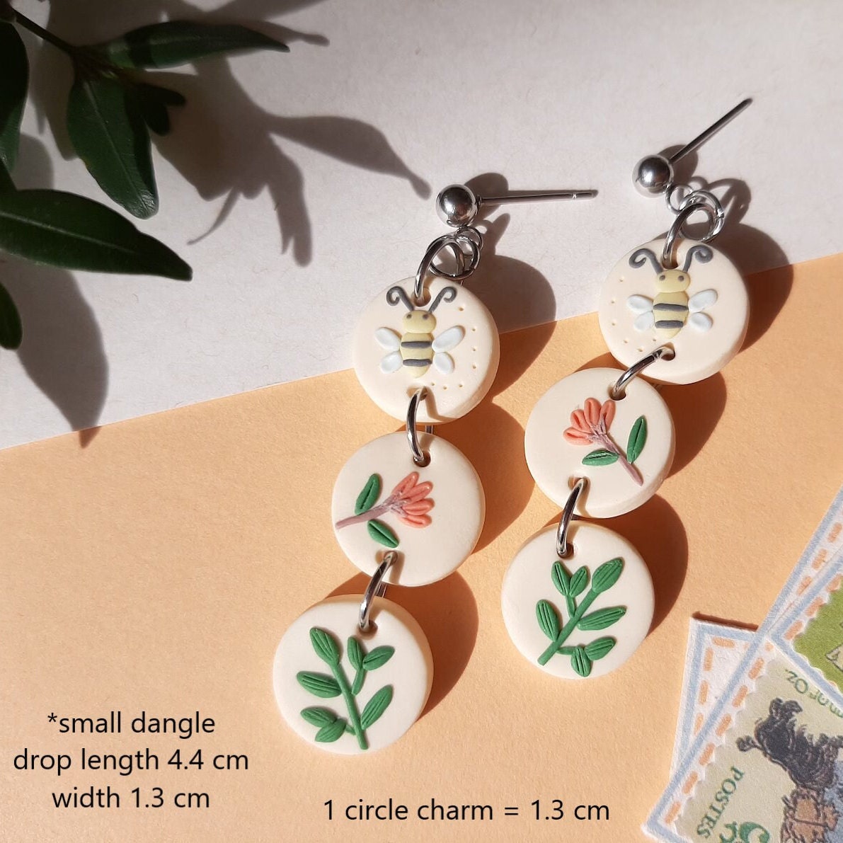 Dangle Flower And Leaf With Cute Bee Earrings In Small Circle Shapes, Statement Jewelry, Polymer Clay, Spring Summer, Unique Gift For Mother