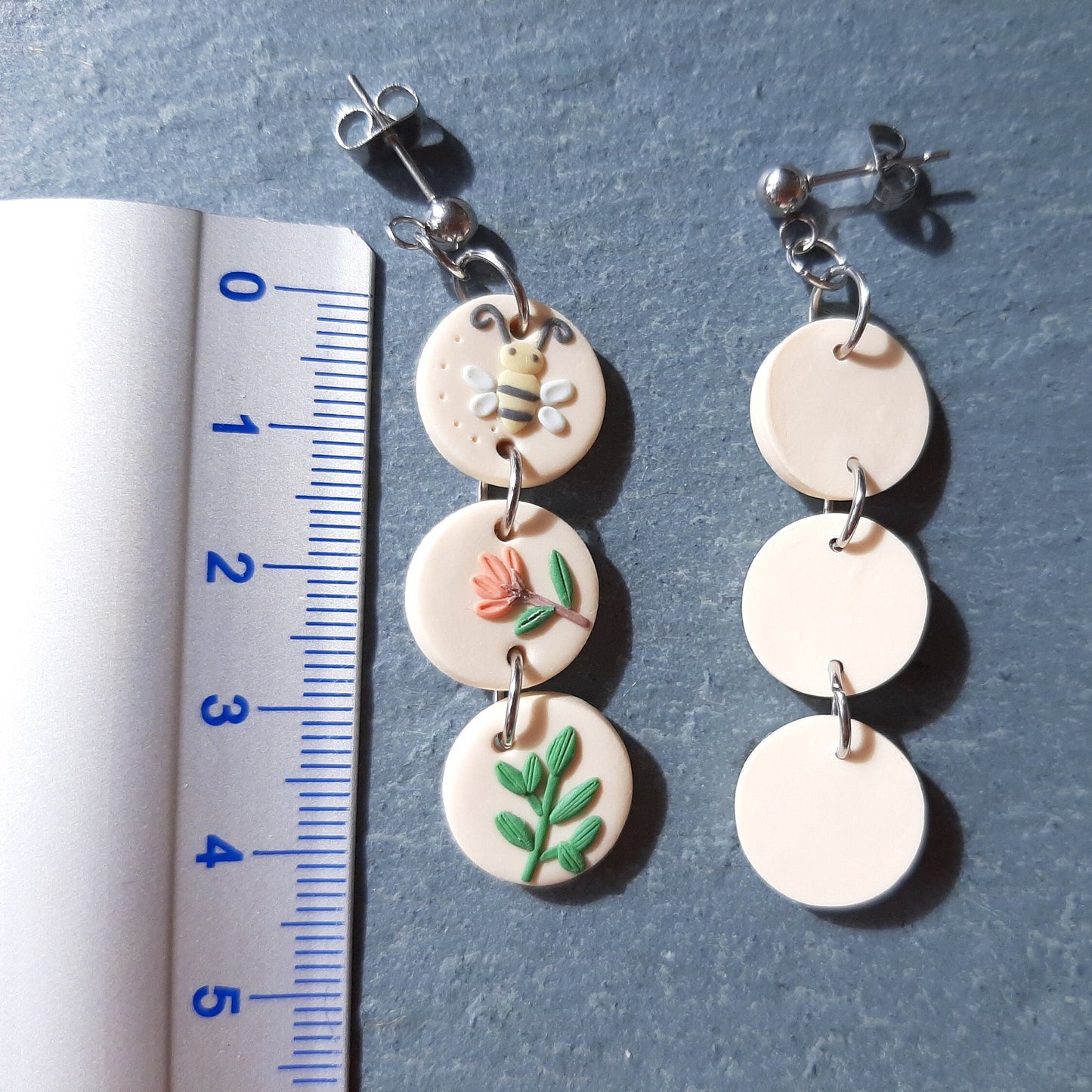 Dangle Flower And Leaf With Cute Bee Earrings In Small Circle Shapes, Statement Jewelry, Polymer Clay, Spring Summer, Unique Gift For Mother