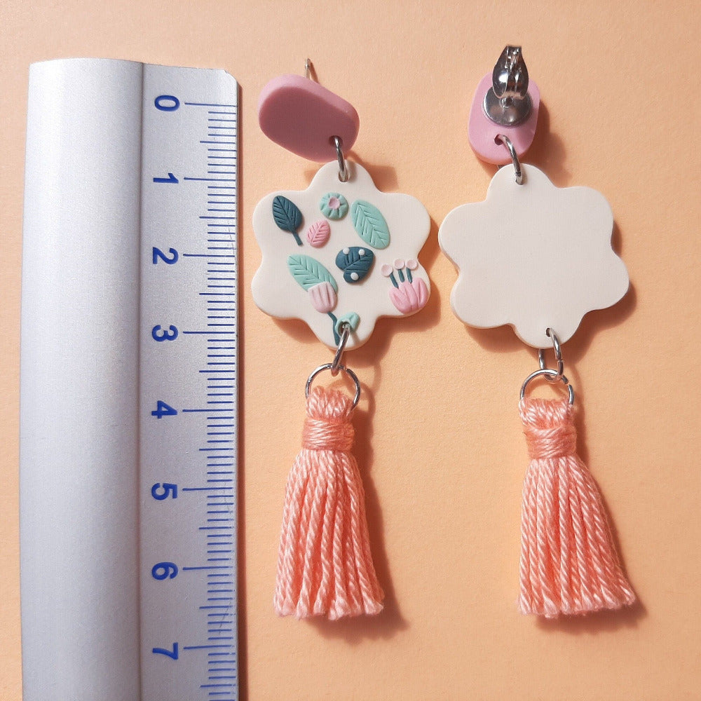 Dangle Leaf Earrings With Cotton Tassels