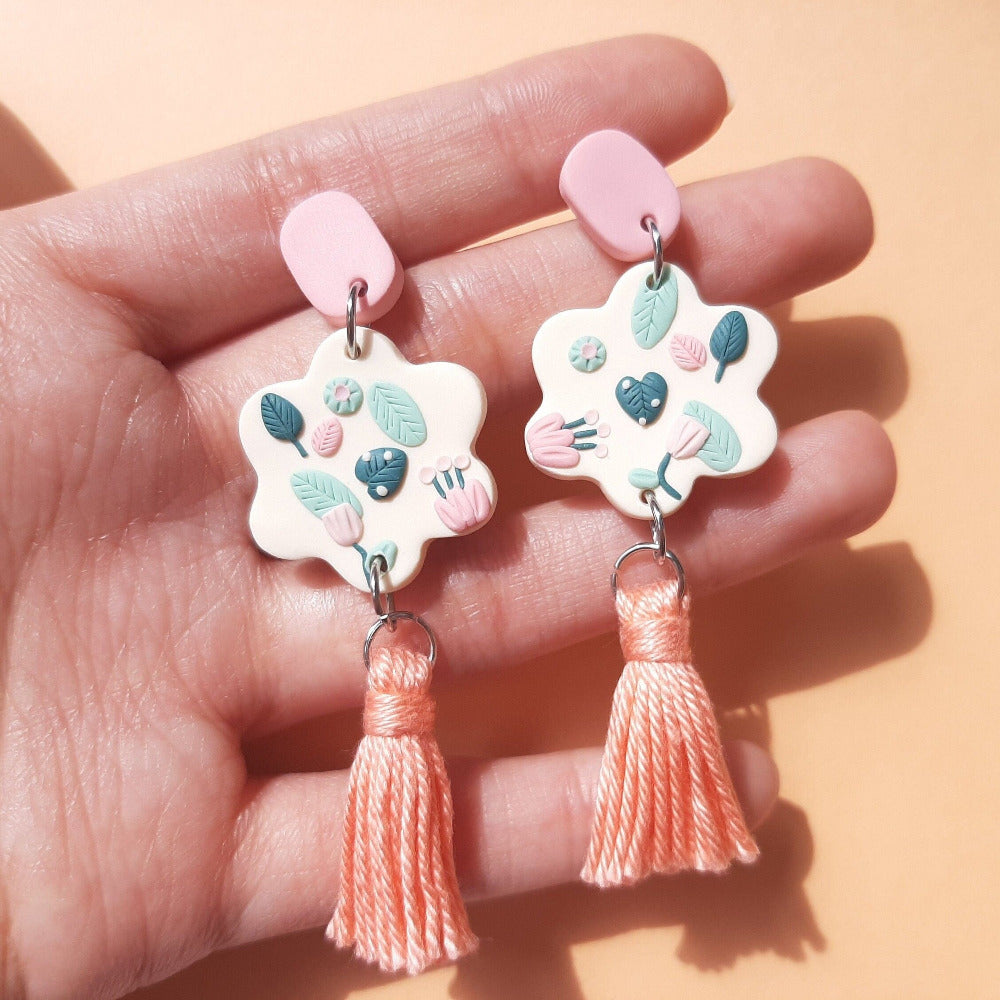 Dangle Leaf Earrings With Cotton Tassels