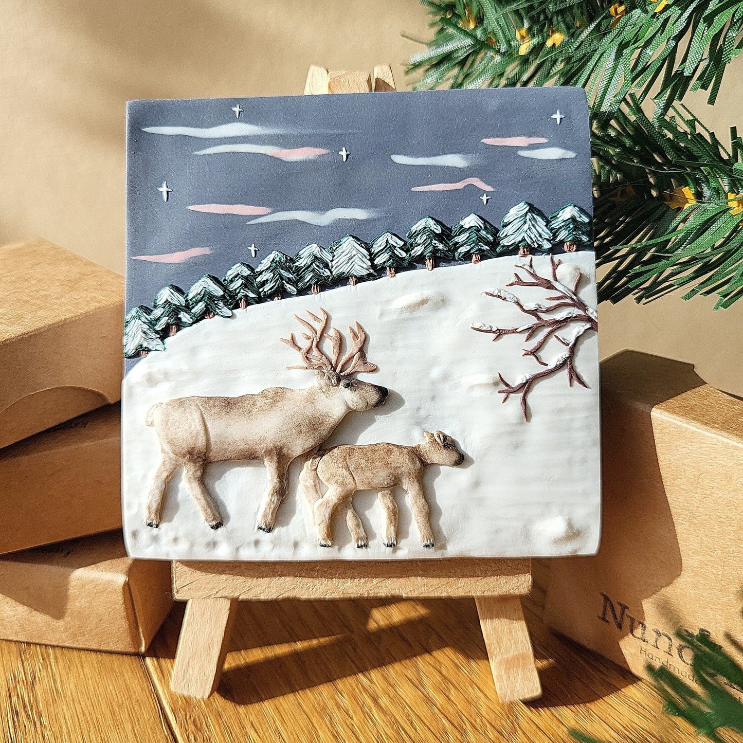 Reindeer Wall Art On Mini Canvas • Winter Snow Landscape Home Decor • Hand Sculpted Polymer Clay Art • Housewarming Gift • Christmas Gift