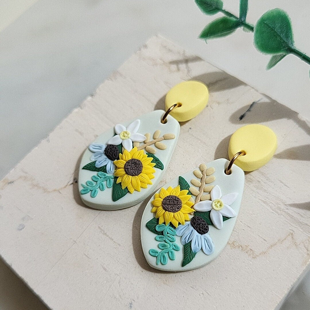 Sunflower Earrings • Polymer Clay Earrings • Handmade Jewelry • Boho Floral Style • Spring • Summer • Mother's Day Gift