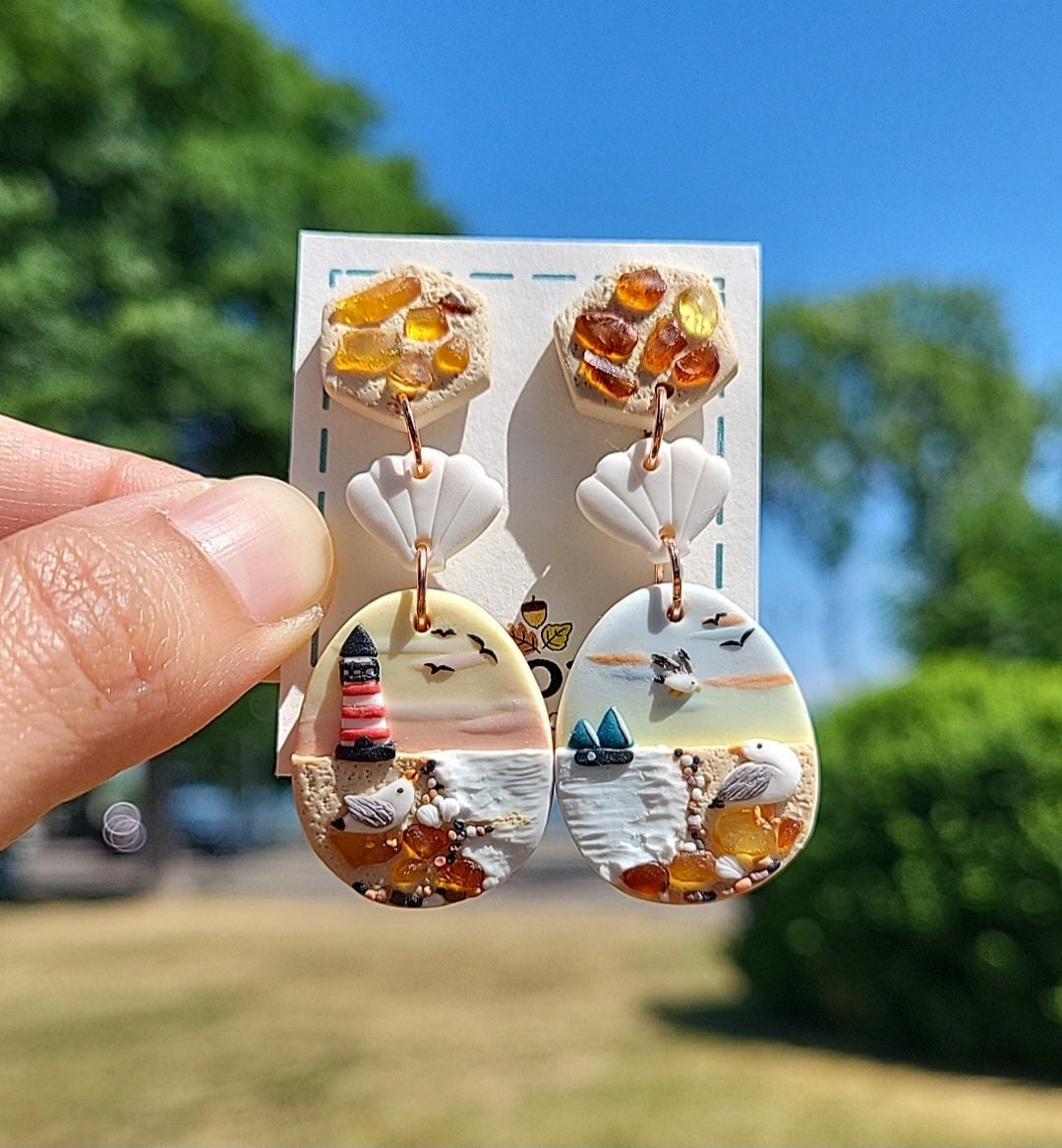 Dangle Ocean Earrings | Amber Stone Jewelry | Handmade Polymer Clay Jewellery - Unique Gifts For Women