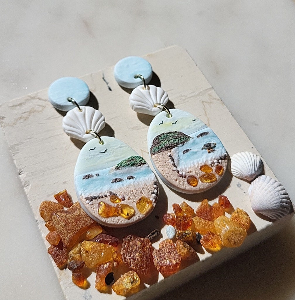 Dangle Ocean Earrings With Natural Amber Stone | Polymer Clay Jewelry