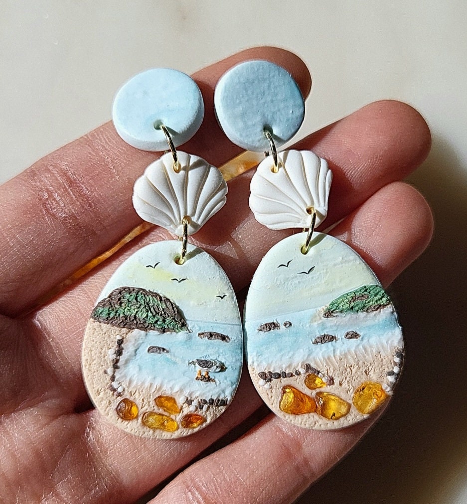 Dangle Ocean Earrings With Natural Amber Stone | Polymer Clay Jewelry