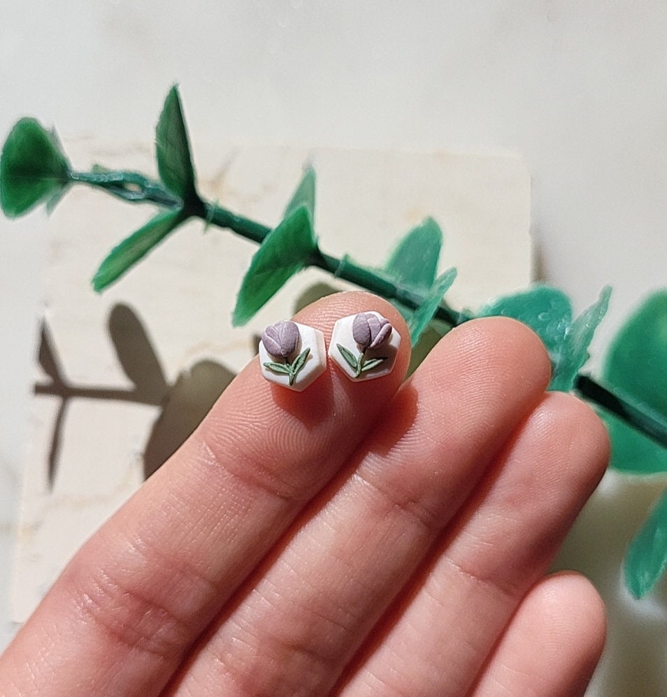 Tiny Purple Tulip Stud Earrings • Violet Flower Earrings • Cute Floral Statement Jewelry • Gift For Women • Dainty Unique  • Polymer clay