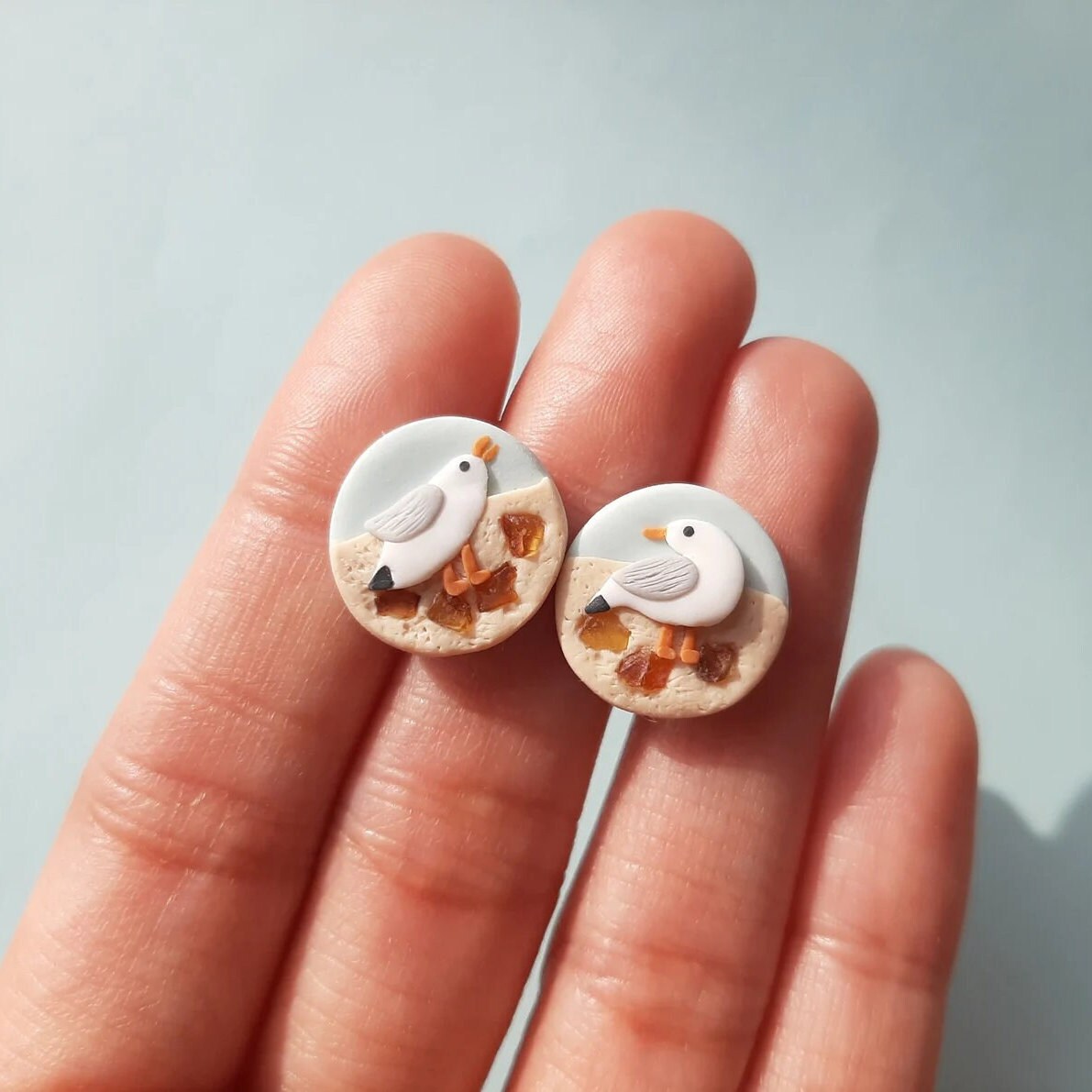 Seagull Bird Stud Earrings With Baltic Sea Amber Stone