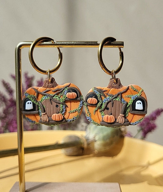 Halloween Pumpkin House Earrings • Cute Ghost Jewelry • Polymer Clay Earrings • Cottagecore • Whimsical And Fun • Gift For Women