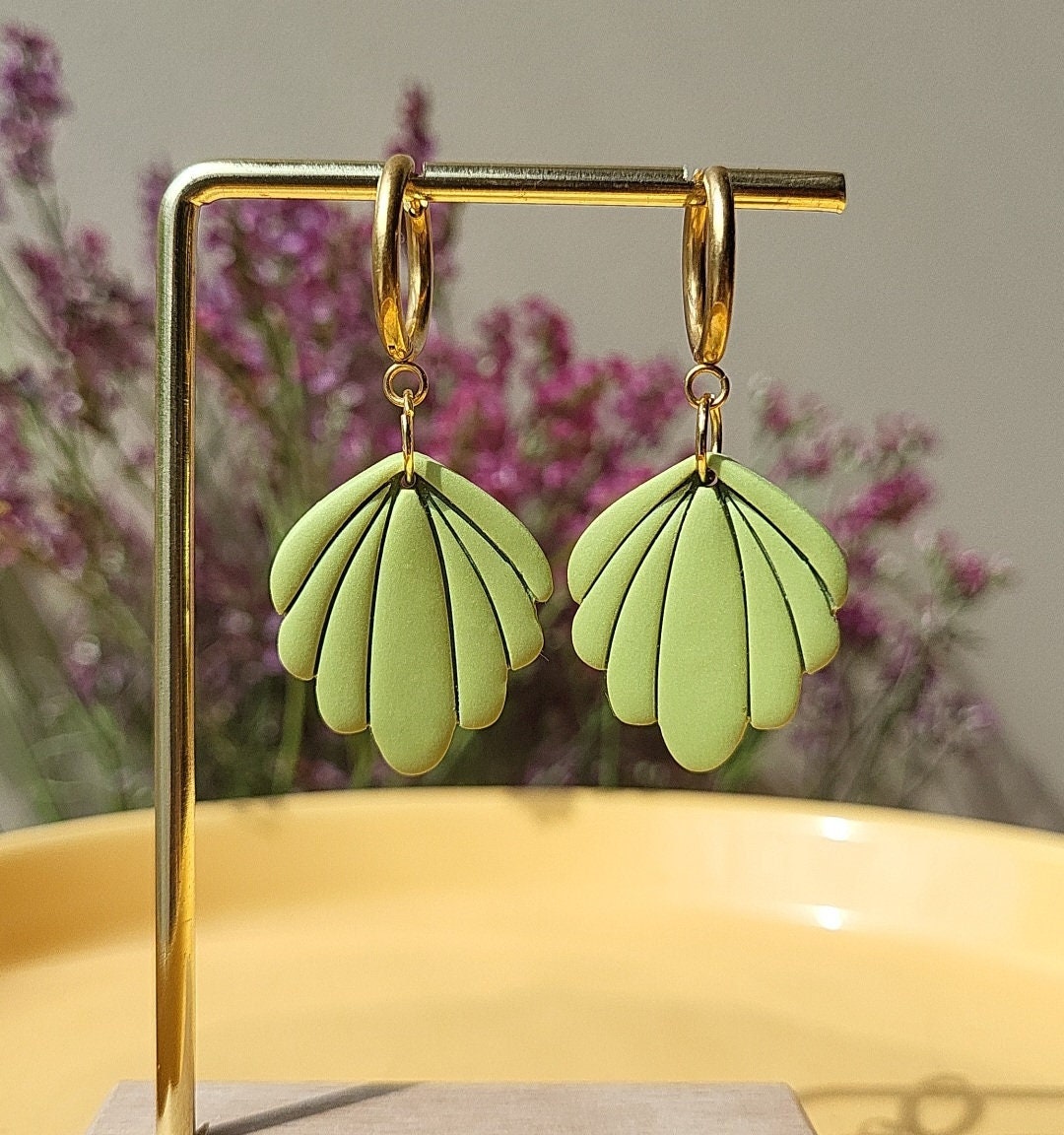 minimalist green leaf polymer clay earrings