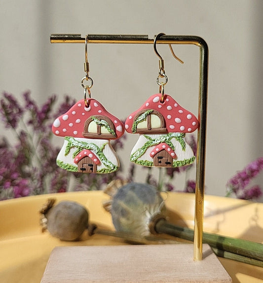 mushroom house earrings