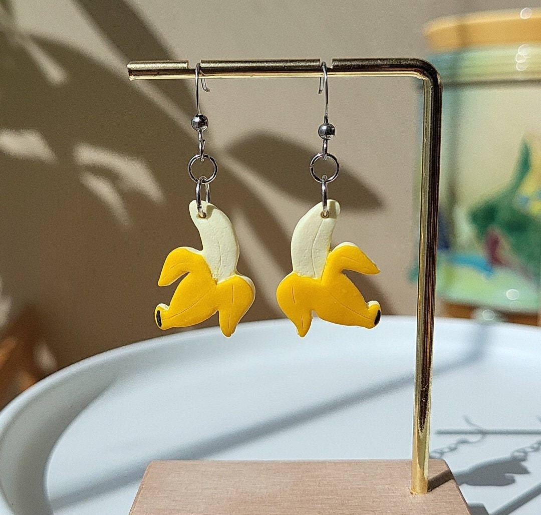 Small Dangle Banana Earrings, Cute Handmade Fruit Jewelry