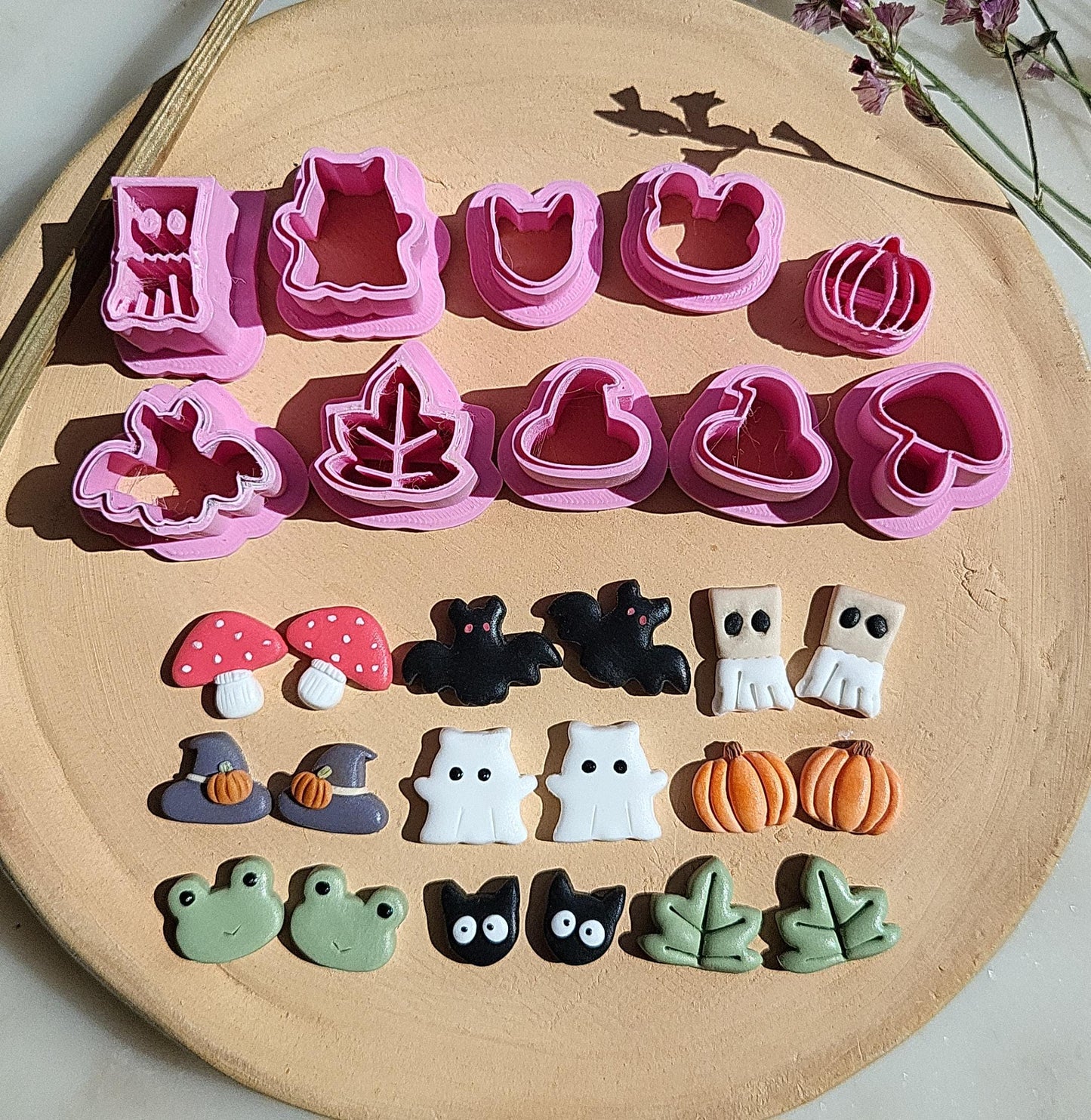 Halloween Bundle • Fall Clay Cutter Set • Spooky Polymer Clay Cutters •  Embossed Autumn Clay Cutter • Ghost • Witch Hat • Bat • Cat • Frog