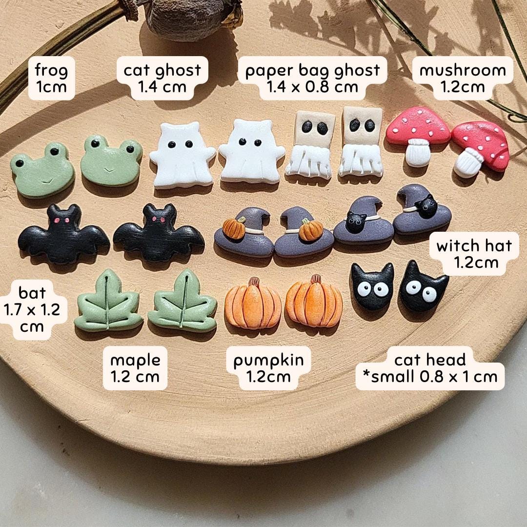 Halloween Clay Earrings Spooky Fall Clay Earrings Ghost Pumpkin Mushroom Bat Witch Hat Frog Cat Maple Leaf Earrings For Women Fun Quirky