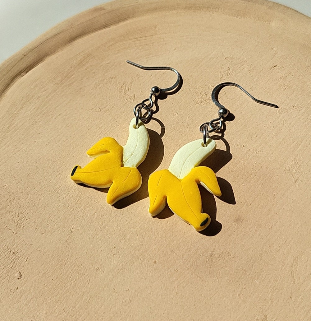 Small Dangle Banana Earrings, Cute Handmade Fruit Jewelry