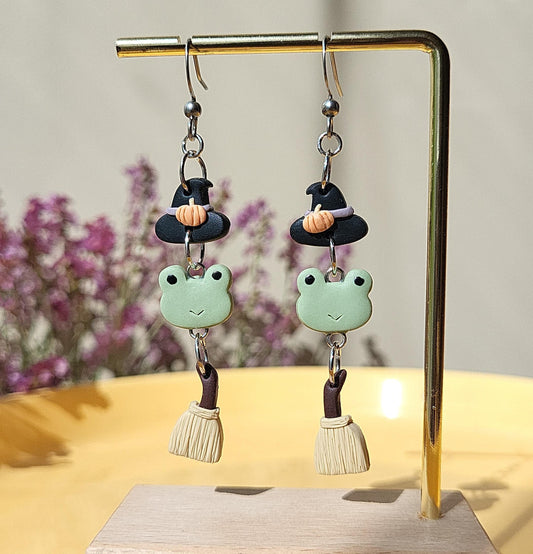 Small Dangle Frog Witch Earrings • Cottagecore Jewelry • Halloween • Cute Frog Lover Gifts For Women • Spooky And Whimsical