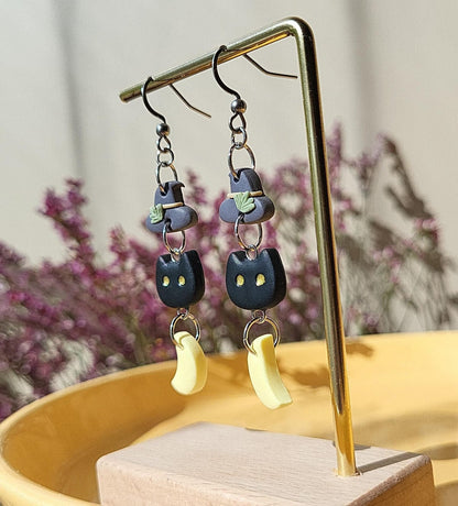 Halloween Dangle Black Cat Earrings - Spooky Witch Jewelry
