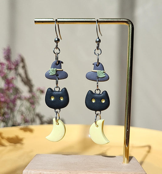 Small Dangle Black Cat Earrings • Halloween Witch Earrings • Cottagecore Jewelry • Cat Lover Gifts For Her • Spooky And Whimsical