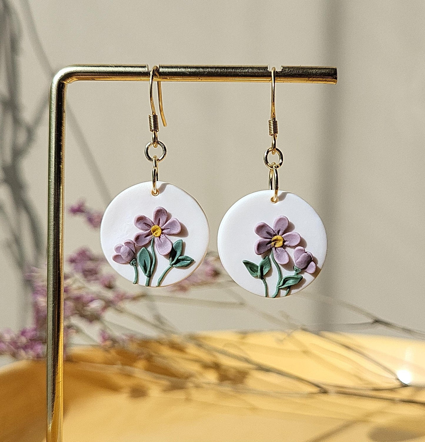 Violet Flower Clay Earrings | February Birth Floral Earrings | Handmade Gift For Mom