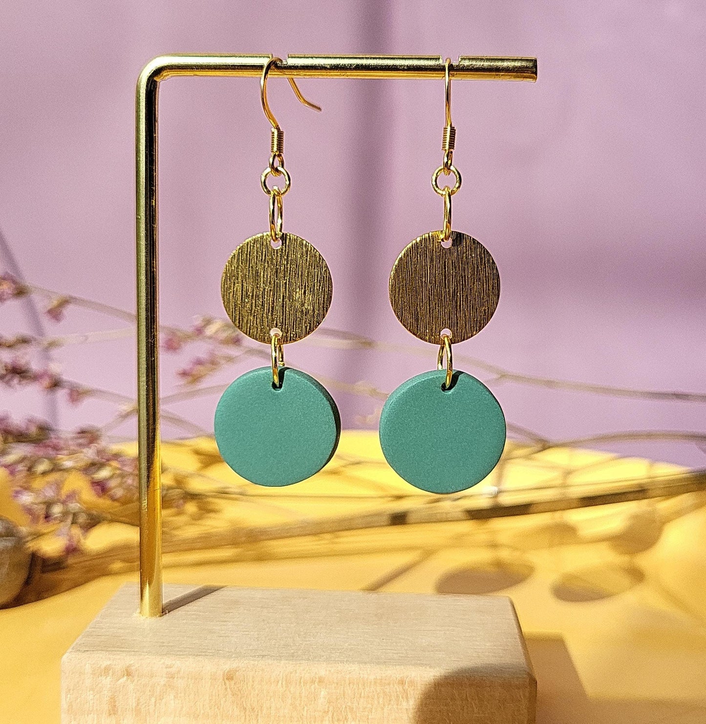 Small Minimalist Dark Green Earrings Circle Brass Disc Earrings Earthy Tone Clay Earrings Trendy Statement Jewelry Handmade Gift for Women