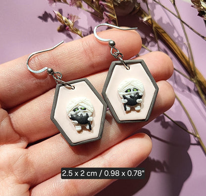Mummy And Black Cat Earrings - Funny Cute Halloween Earrings
