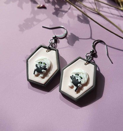 Mummy And Black Cat Earrings - Funny Cute Halloween Earrings
