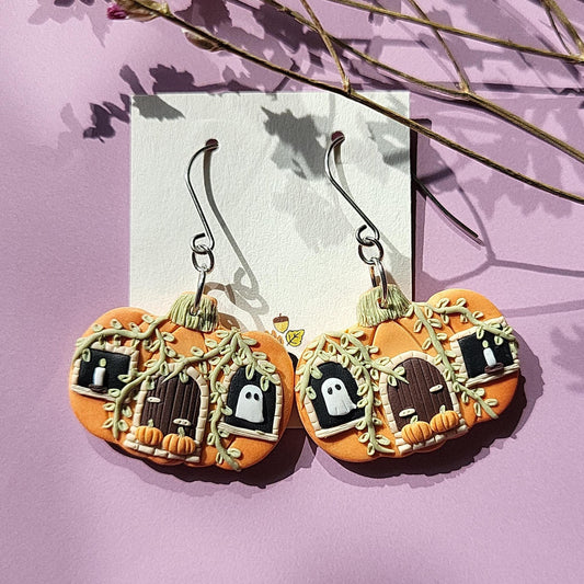 spooky pumpkin house earrings