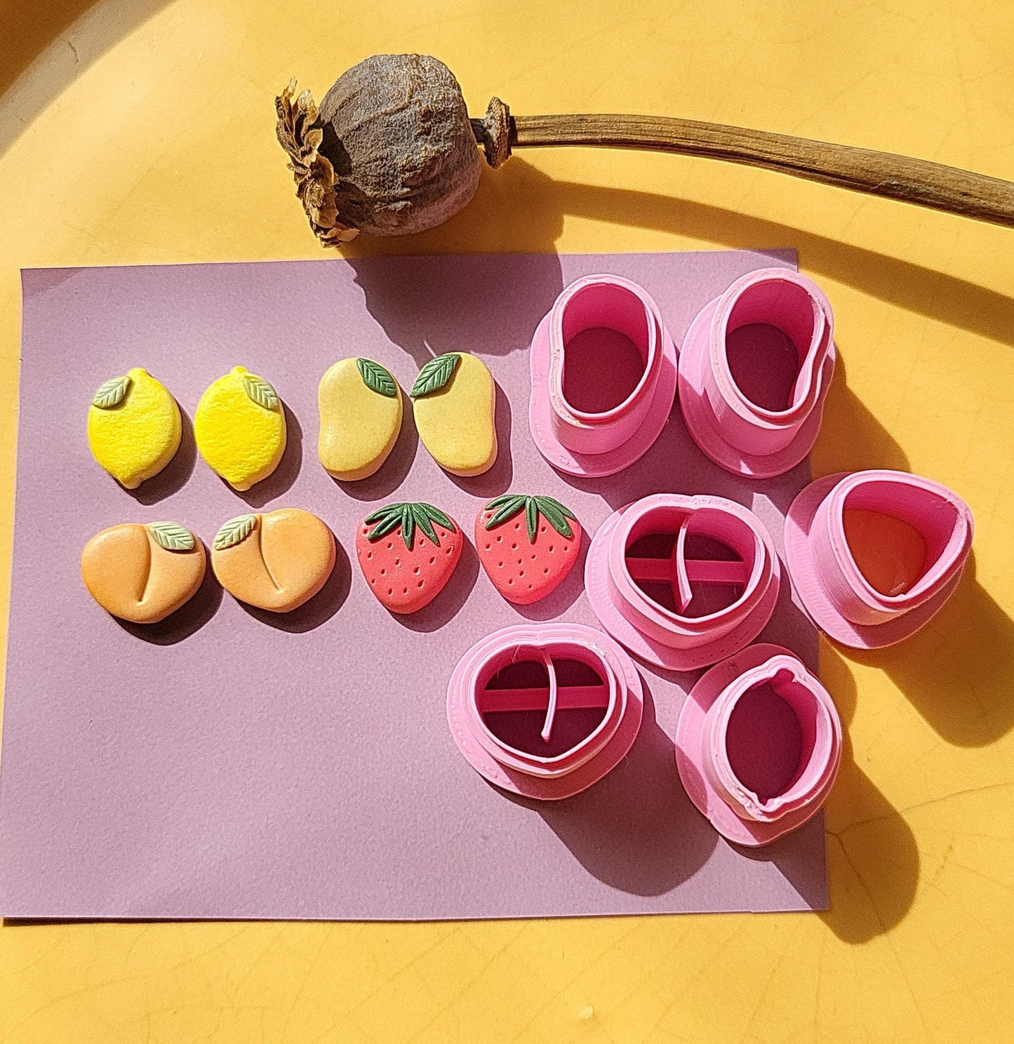 Cute Fruit Clay Cutter Set of 6 • Lemon • Peach • Strawberry • Mango •  Sharp Clay Cutter • XS Small Big Polymer Clay Cutters