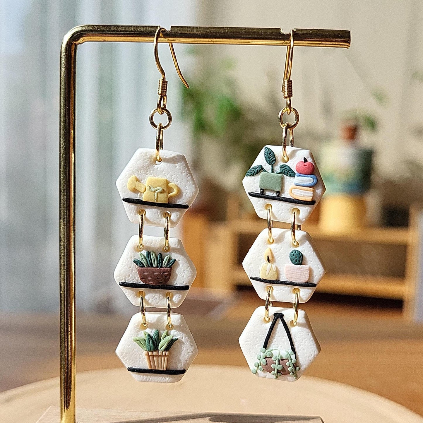 Small Dangle Plant Shelf Earrings Botanical Polymer Clay Earrings Unique Christmas Gift For Plant Lover Birthday Present For Women