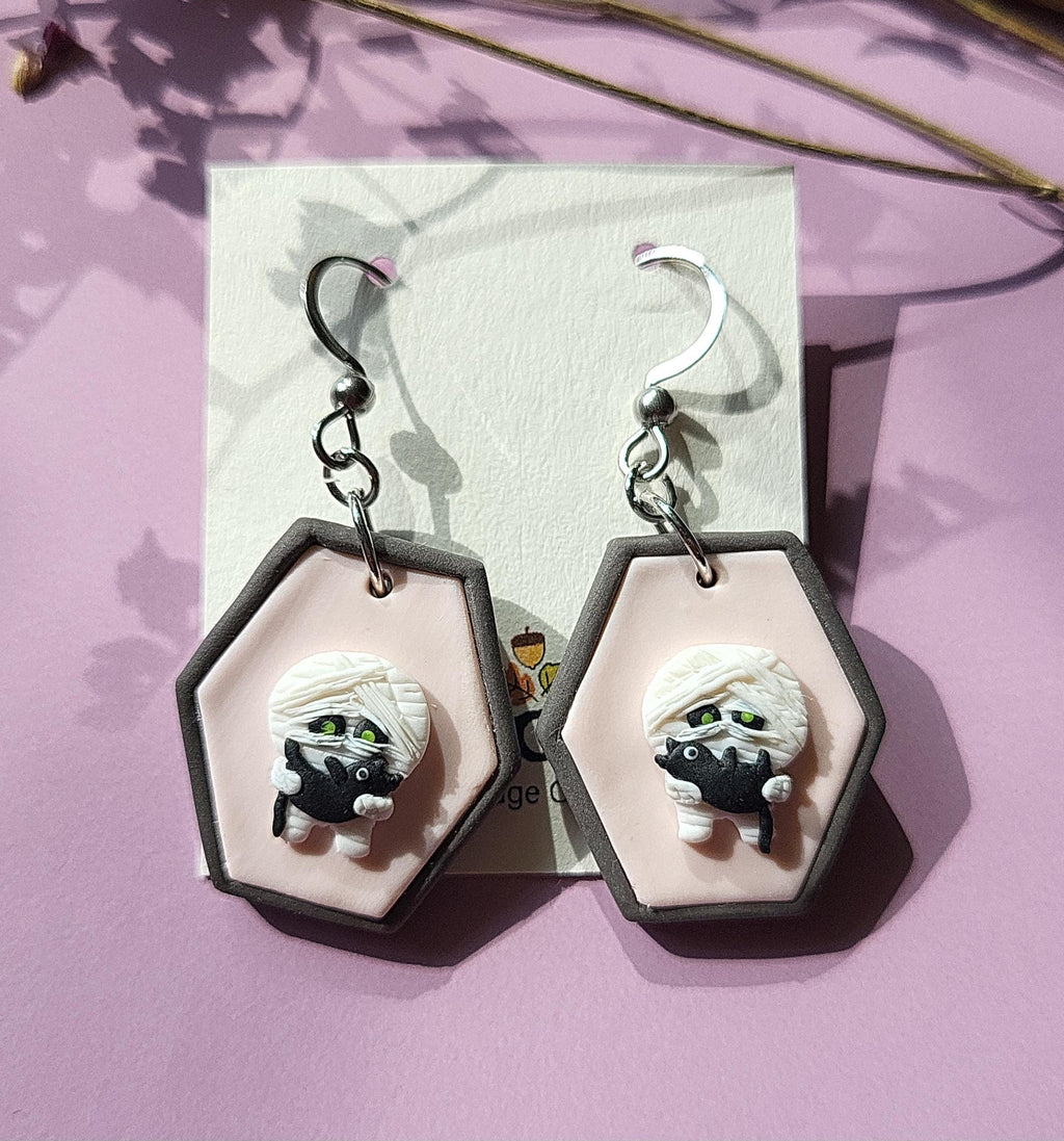 Mummy And Black Cat Earrings - Funny Cute Halloween Earrings