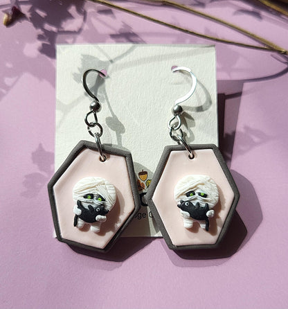 Mummy And Black Cat Earrings - Funny Cute Halloween Earrings