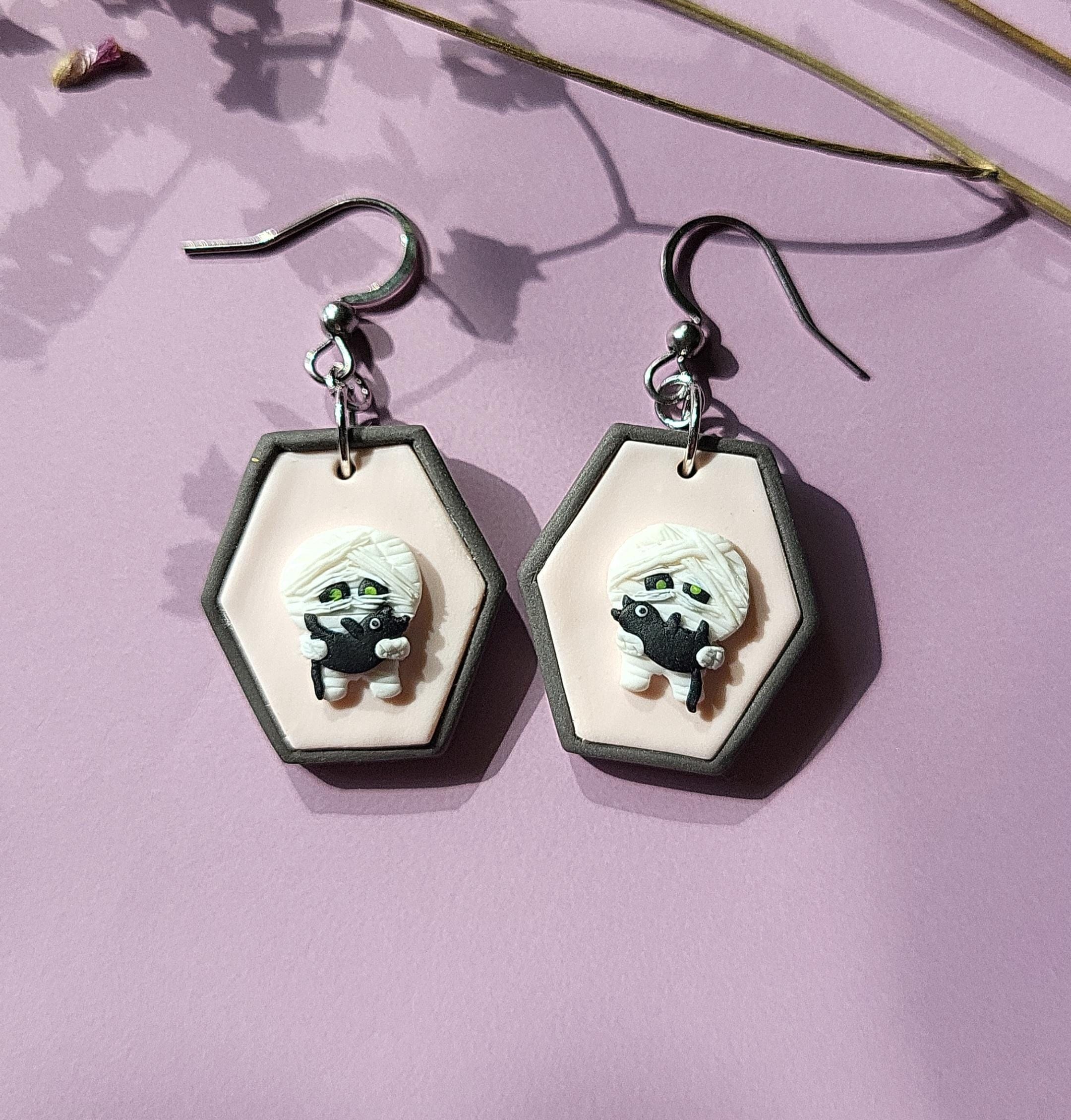 Mummy And Black Cat Earrings - Funny Cute Halloween Earrings