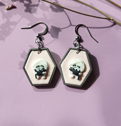 Mummy And Black Cat Earrings - Funny Cute Halloween Earrings