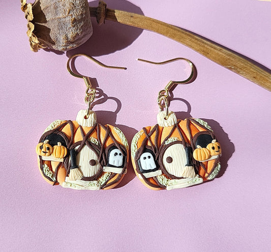 Halloween Pumpkin House Earrings • Spooky Cute Ghost Jewelry • Forest Jewellery • Whimsical And Fun • Polymer Clay • Gift For Women