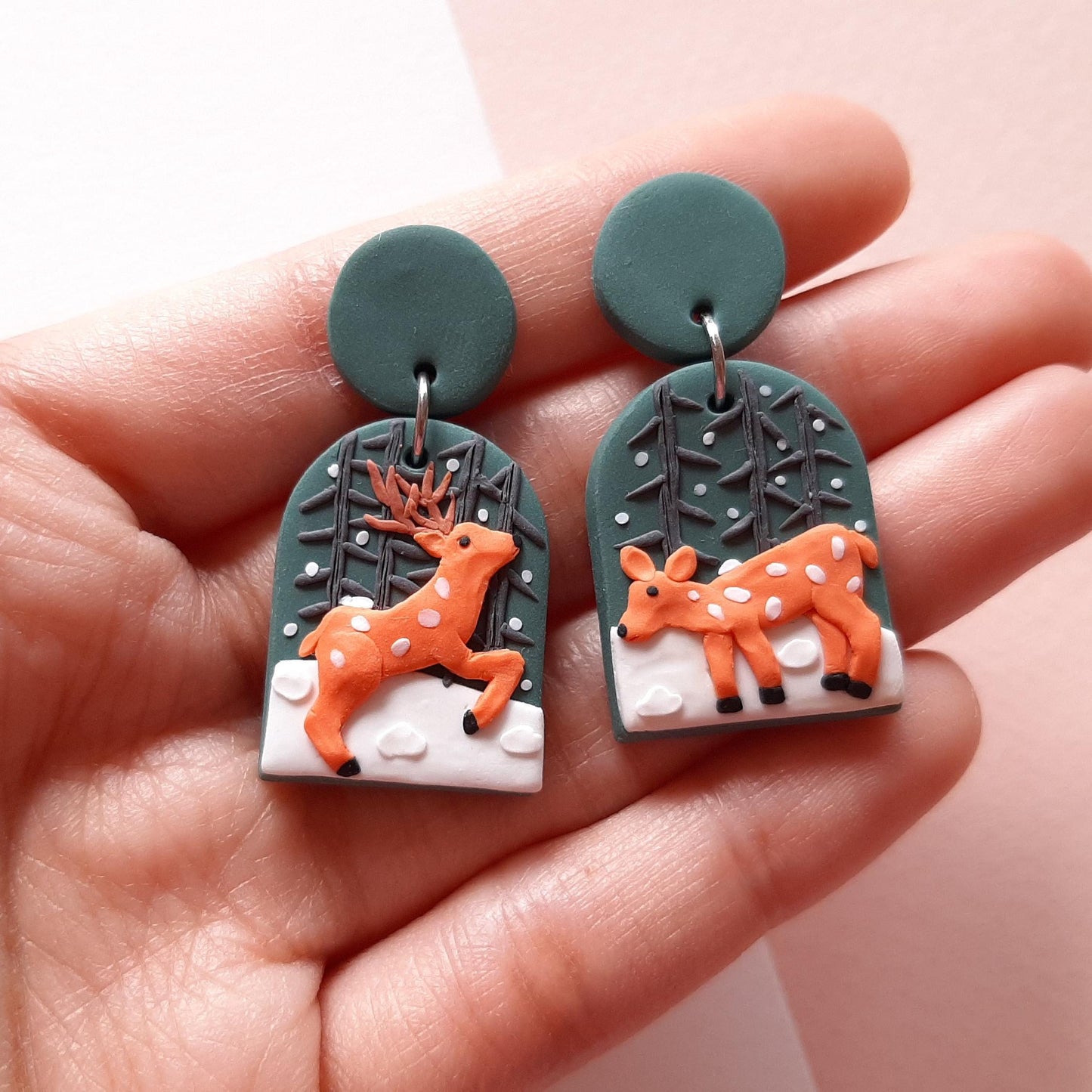 Deer Earrings, Winter Forest Earrings, Wildlife Nature Earrings, Clay Earrings, Christmas Gift For Her