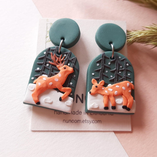 Deer Earrings, Winter Forest Earrings, Wildlife Nature Earrings, Clay Earrings, Christmas Gift For Her