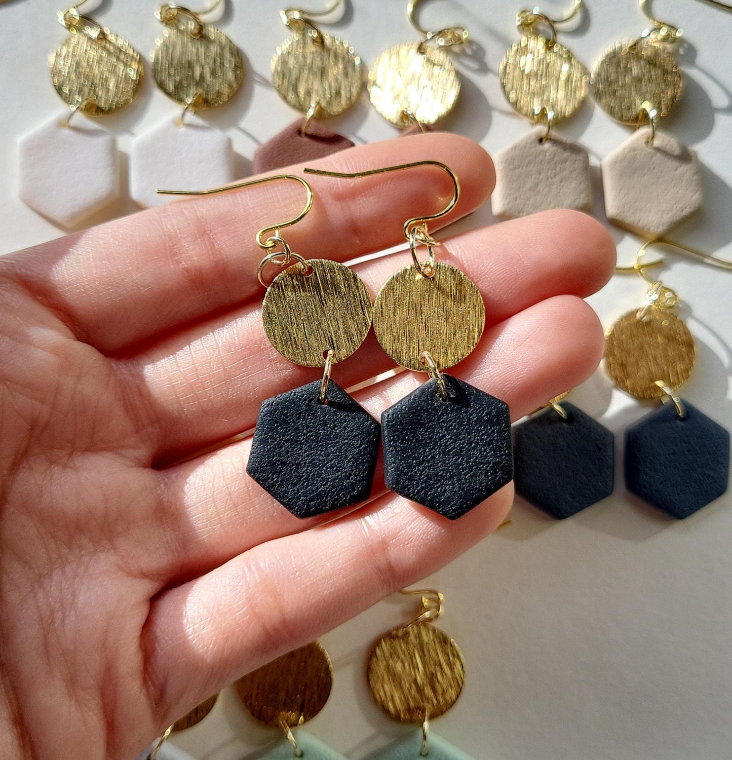 Small Dangle Hexagon Earrings With Brass Disc