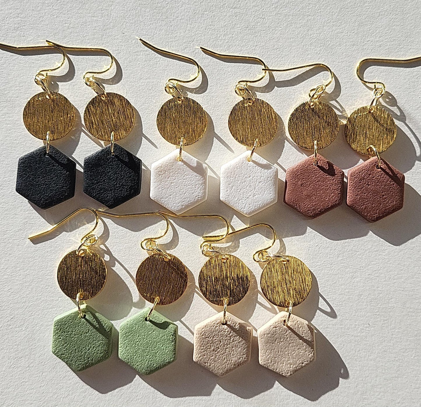 minimalist hexagon polymer clay earrings with brass disc