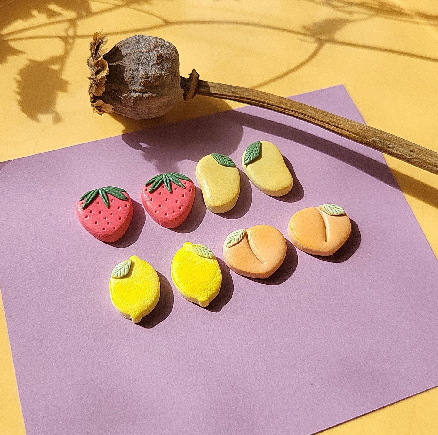 Lemon stud earrings, peach studs, strawberry studs, mango studs