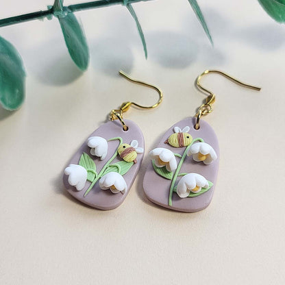 Handmade cute Lily of the Valley flower polymer clay earrings - Jewelry gift for women- Rankų darbo auskarai „Pakalnutės“